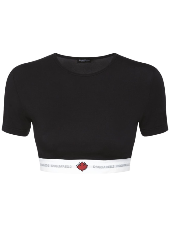 Dsquared2: T-shirt court en jersey de coton à logo - Noir - women_0 | Luisa Via Roma