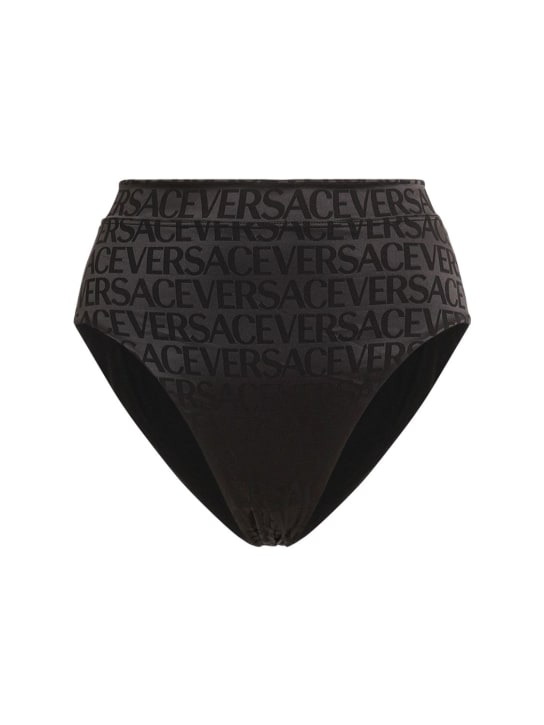 Versace: 새틴 로고마니아 하이웨이스트 브리프 - 블랙 - women_0 | Luisa Via Roma