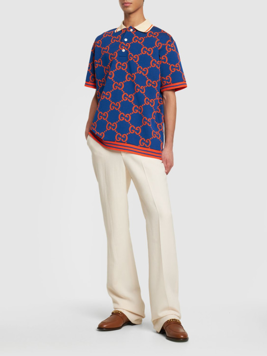 Gucci: Polohemd aus GG-Baumwollpiqué - Blau/Orange - men_1 | Luisa Via Roma