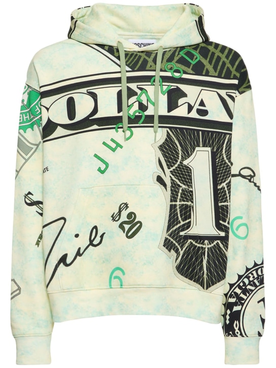 Moschino: Sweat-shirt en coton imprimé argent à capuche - men_0 | Luisa Via Roma