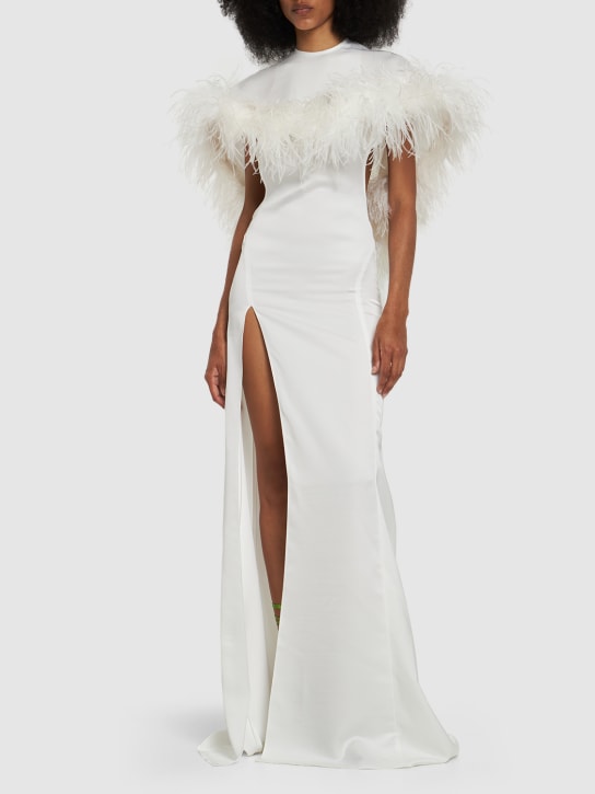 The Attico: Airi satin cape gown w/feathers - White - women_1 | Luisa Via Roma