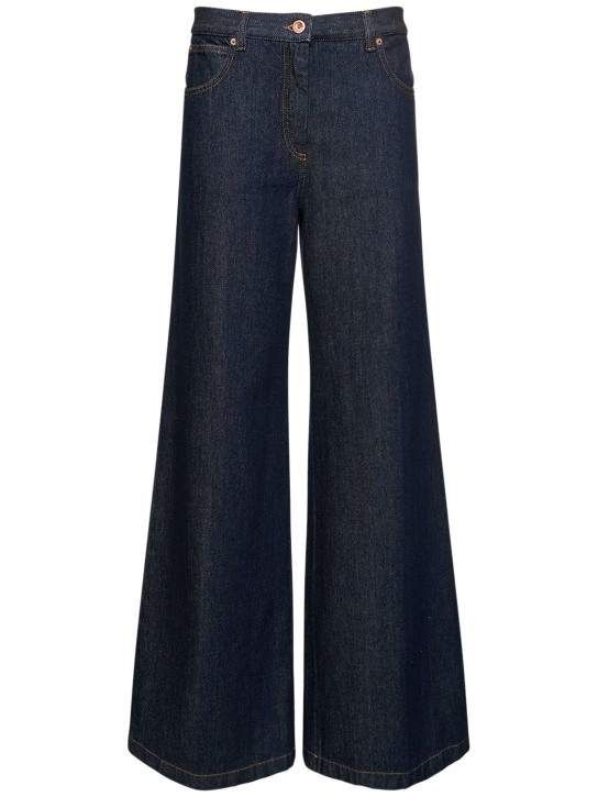 ASPESI: Pantalon ample en denim de coton taille haute - Bleu Marine - women_0 | Luisa Via Roma