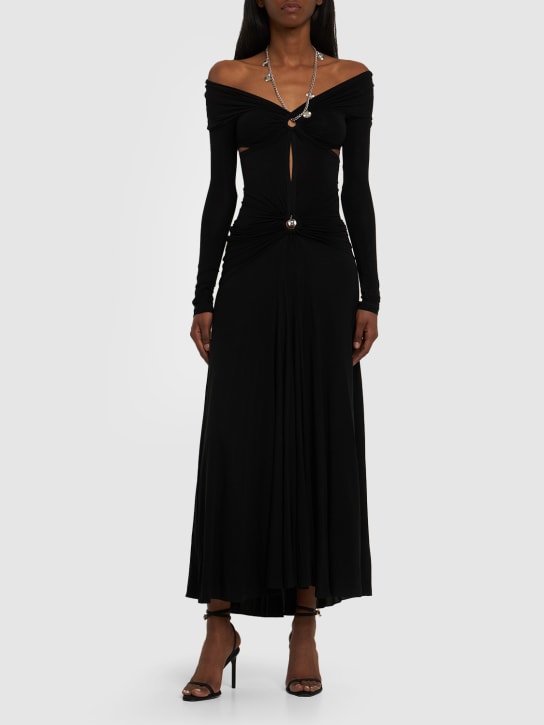 Rabanne: 平纹针织镂空绕颈长款连衣裙 - 黑色 - women_1 | Luisa Via Roma