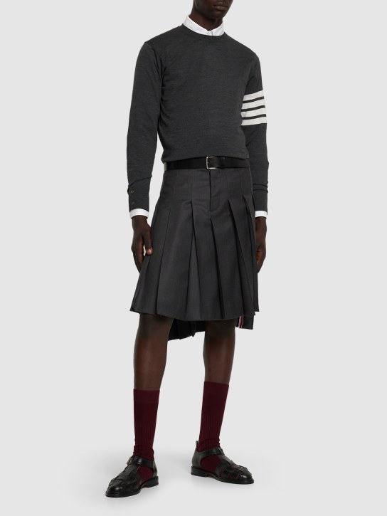 Thom Browne: Wool crewneck sweater w/ stripes - Dark Grey - men_1 | Luisa Via Roma