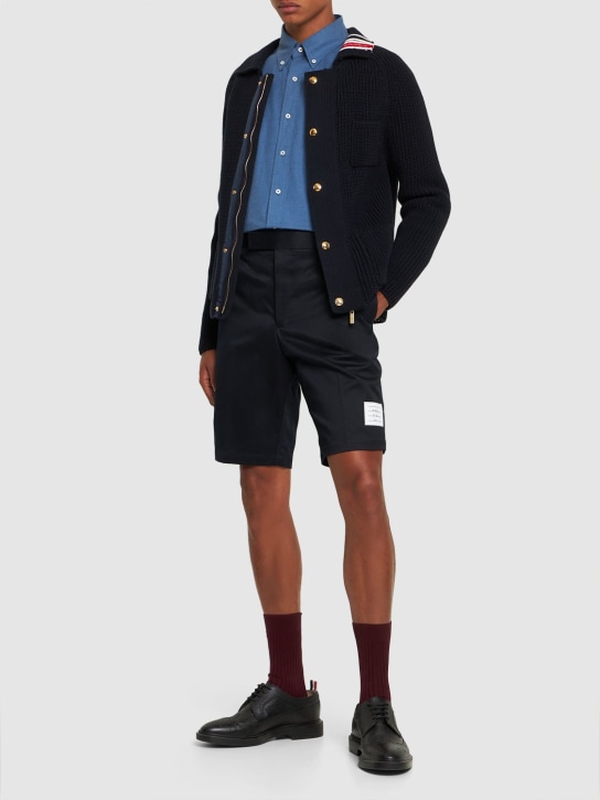 Thom Browne: Unconstructed cotton twill chino shorts - Lacivert - men_1 | Luisa Via Roma
