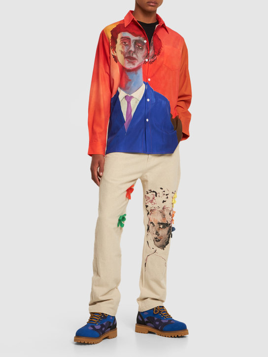 KidSuper Studios: Face painted cotton & linen twill pants - Beige - men_1 | Luisa Via Roma