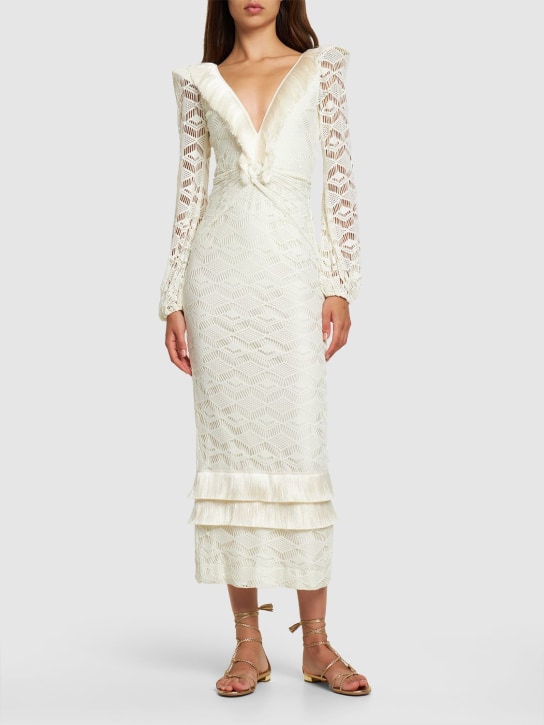Patbo: Crocheted tech plunge neck maxi dress - Ivory - women_1 | Luisa Via Roma