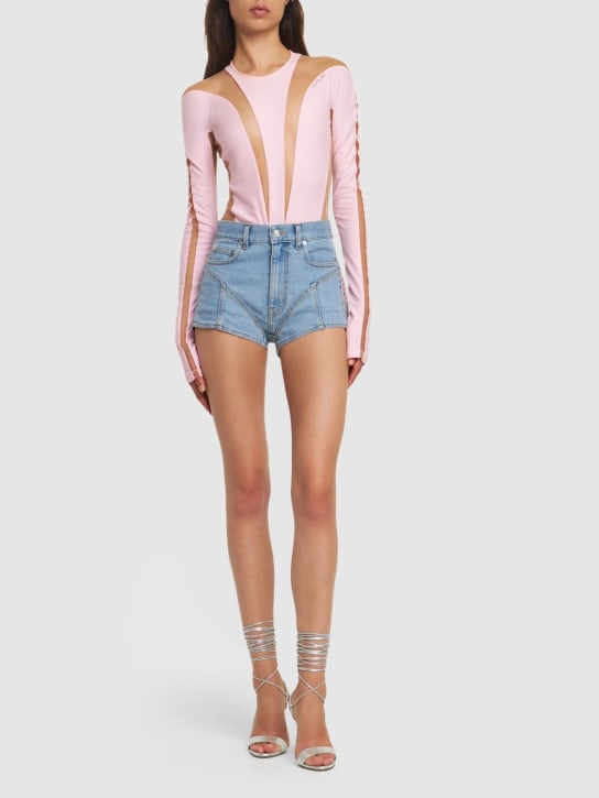 MUGLER: LVR Exclusive fringed denim shorts - Pink - women_1 | Luisa Via Roma