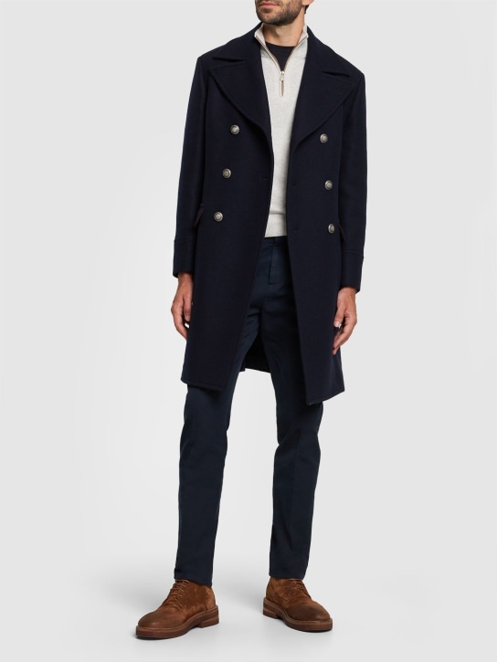 Brunello Cucinelli: Double breasted wool & cashmere coat - Lacivert - men_1 | Luisa Via Roma