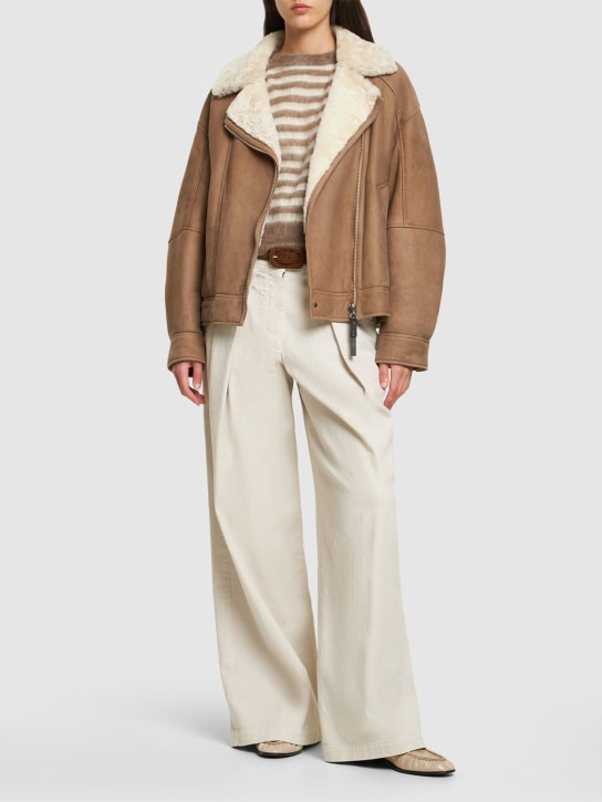 Brunello Cucinelli: Shearling leather jacket w/ zip - Light Brown - women_1 | Luisa Via Roma