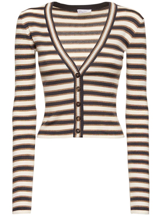 Brunello Cucinelli: Striped wool & lurex knit cardigan - Multicolor - women_0 | Luisa Via Roma