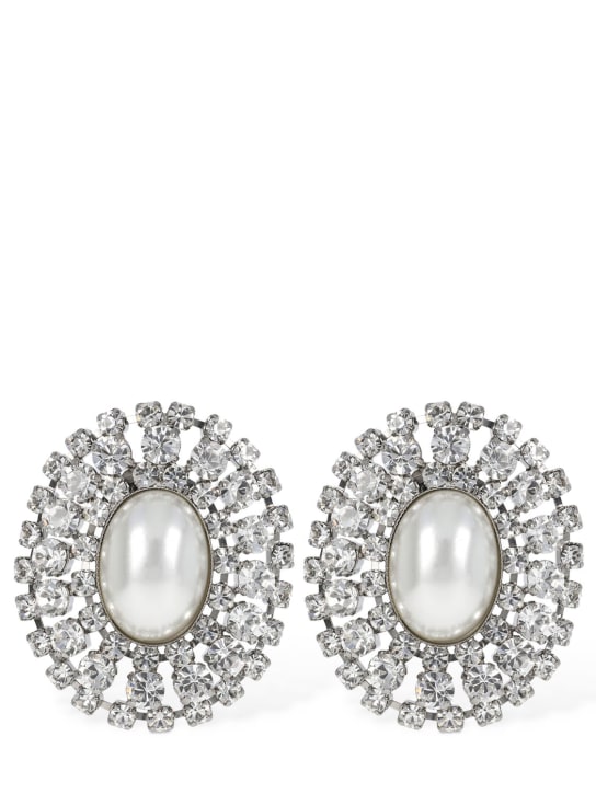 Alessandra Rich: Oval crystal earrings w/ faux pearl - Weiß/Kristall - women_0 | Luisa Via Roma