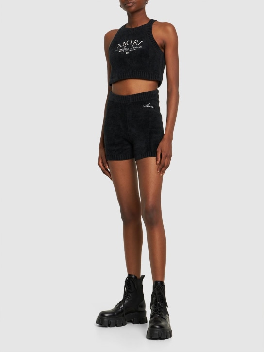 Amiri: Logo high waist velour rib knit shorts - Siyah - women_1 | Luisa Via Roma