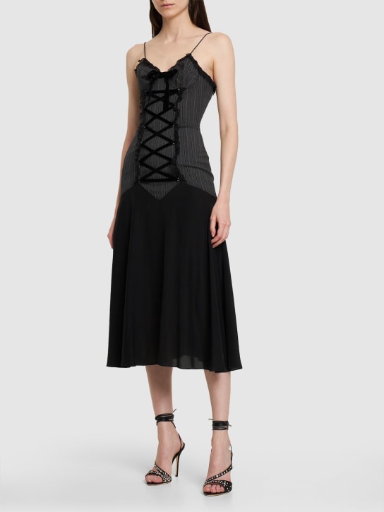 Alessandra Rich: Pinstripe wool lace-up midi dress - Grey/Black - women_1 | Luisa Via Roma