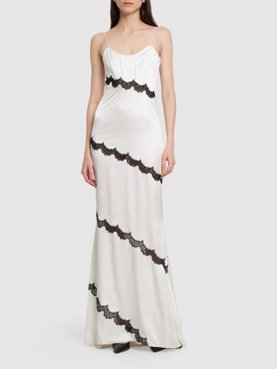 Alessandra Rich: Silk satin long evening dress w/ lace - White/Black - women_1 | Luisa Via Roma