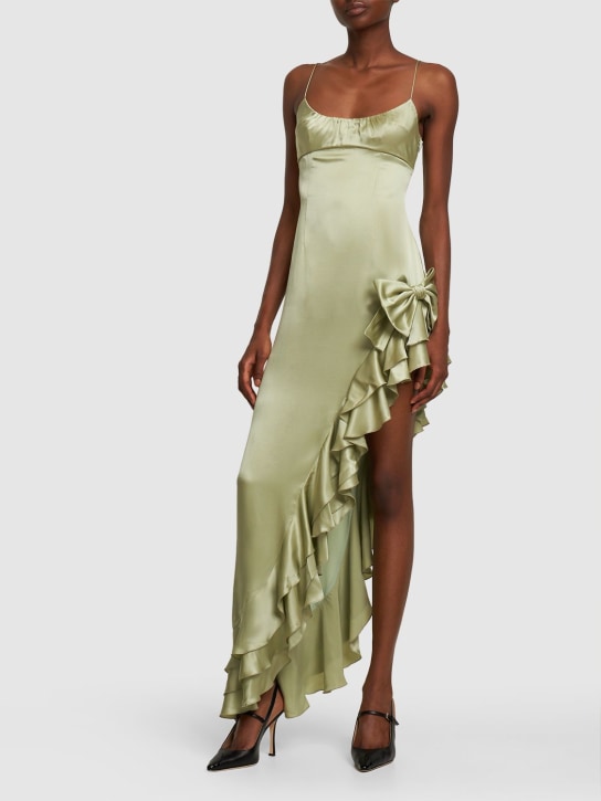 Alessandra Rich: Silk satin long dress w/ side ruffle - Açık Yeşil - women_1 | Luisa Via Roma