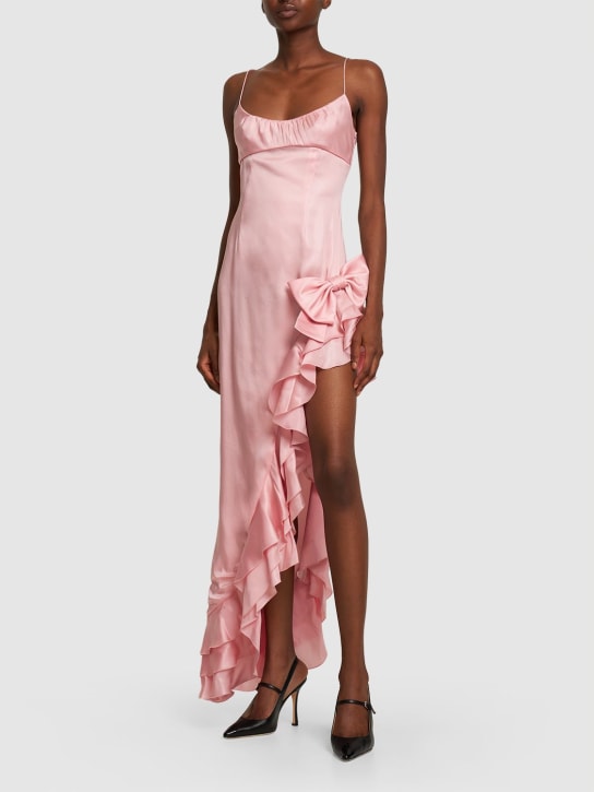 Alessandra Rich: Laminated satin long dress w/side ruffle - Pink - women_1 | Luisa Via Roma