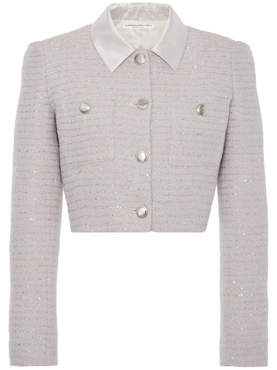Alessandra Rich: Sequined tweed cropped jacket w/ collar - Light Blue - women_0 | Luisa Via Roma