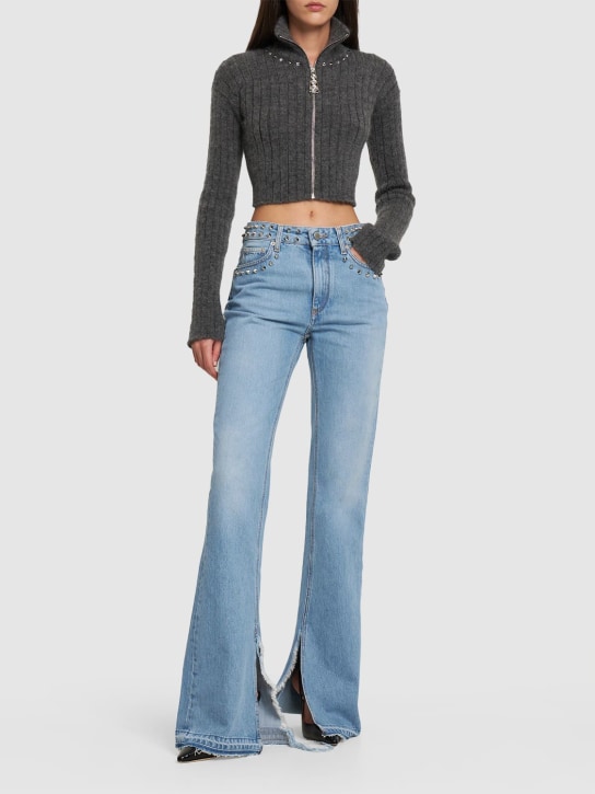 Alessandra Rich: Mid rise studded denim flared jeans - Light Blue - women_1 | Luisa Via Roma