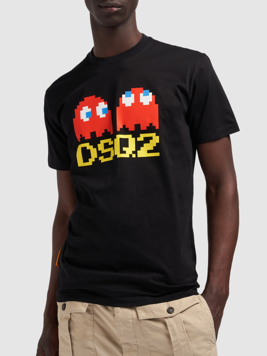 Dsquared2: T-shirt Pac-Man in cotone con logo - Nero - men_1 | Luisa Via Roma