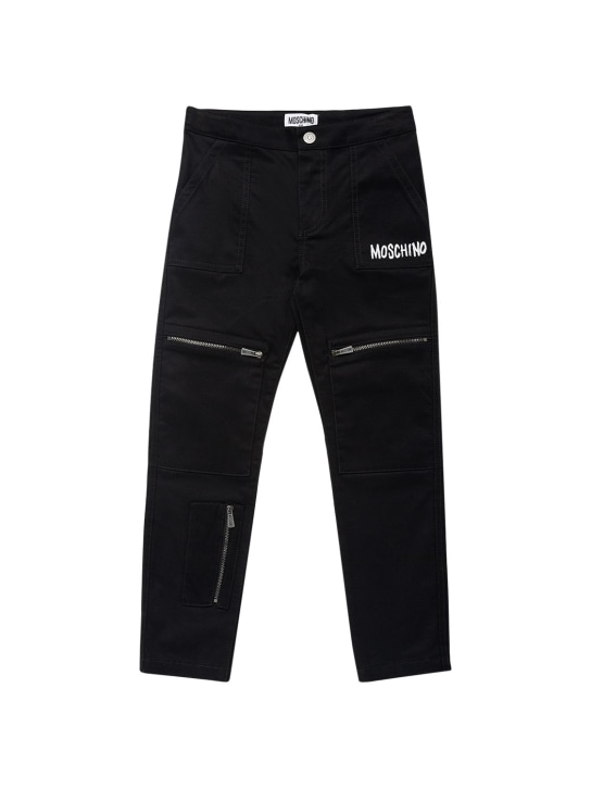 Moschino: Pantalon cargo en coton imprimé logo - Noir - kids-boys_0 | Luisa Via Roma