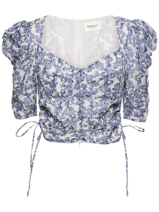 Marant Etoile: Crop top en coton à manches bouffantes Galaor - Bleu/Multi - women_0 | Luisa Via Roma