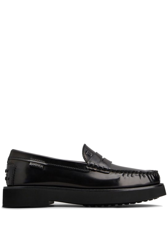 Tod's: Logo leather loafers - Siyah - men_0 | Luisa Via Roma
