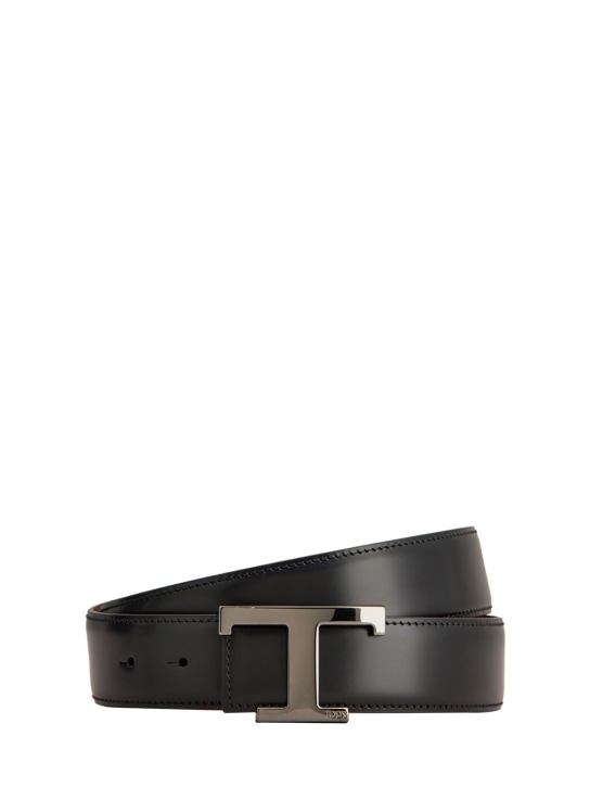 Tod's: Logo leather belt - Siyah/Gümüş - men_0 | Luisa Via Roma