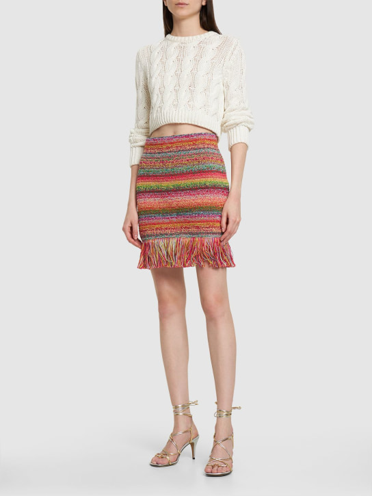 Oscar De La Renta: Cotton crochet knit mini skirt w/fringes - Multicolor - women_1 | Luisa Via Roma