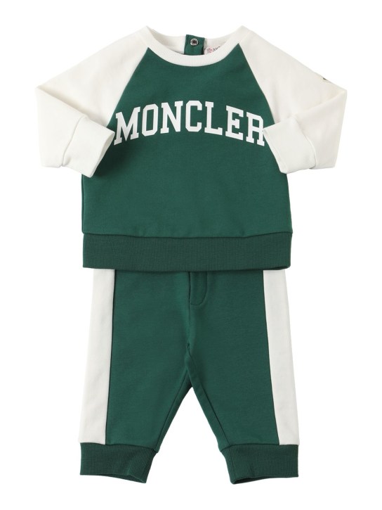 Moncler: Sweat-shirt & pantalon en coton stretch - Vert D'Eau - kids-girls_0 | Luisa Via Roma