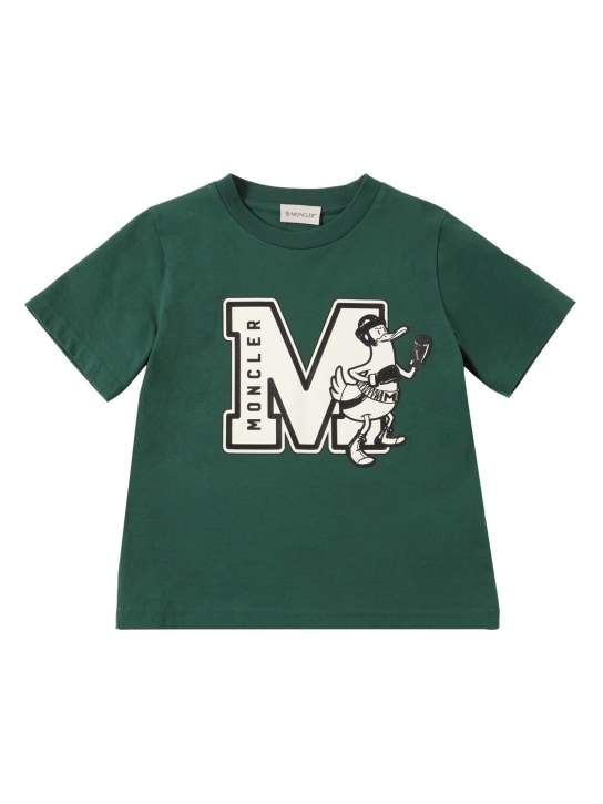 Moncler: 印花棉质平纹针织T恤 - 深绿色 - kids-girls_0 | Luisa Via Roma