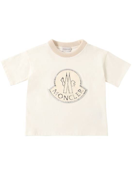 Moncler: Printed logo cotton jersey t-shirt - Natural - kids-boys_0 | Luisa Via Roma