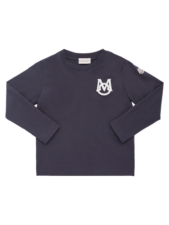 Moncler: Logo cotton jersey l/s t-shirt - Navy - kids-girls_0 | Luisa Via Roma