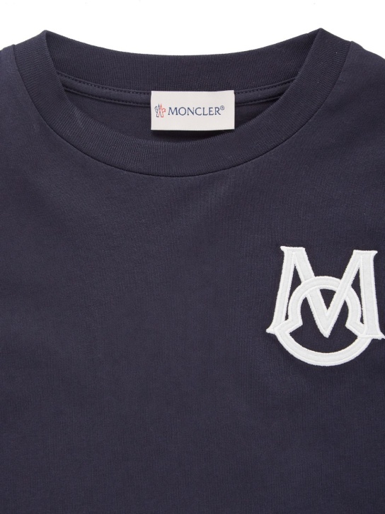 Moncler: T-shirt manches longues en jersey de coton à logo - Bleu Marine - kids-girls_1 | Luisa Via Roma