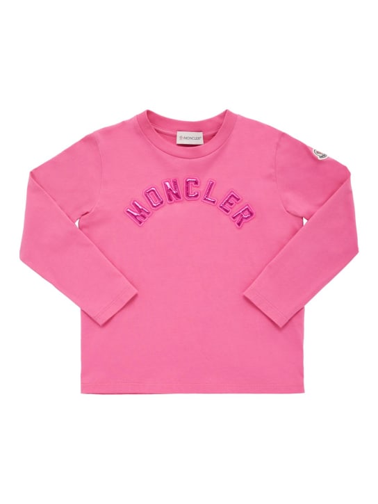 Moncler: T-shirt manches longues en jersey de coton à logo - Rose Foncé - kids-girls_0 | Luisa Via Roma