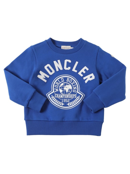 Moncler: 로고 브러시드 코튼 스웨트셔츠 - 블루 로얄 - kids-boys_0 | Luisa Via Roma