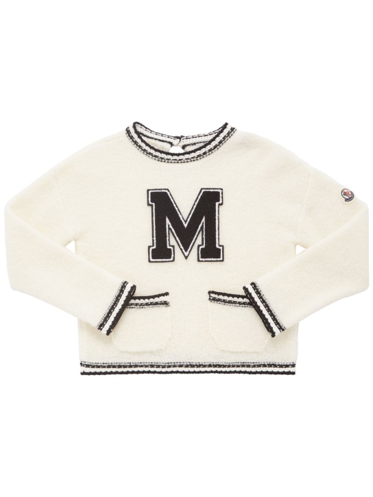Moncler: Wool blend bouclé crewneck sweater - Beyaz - kids-girls_0 | Luisa Via Roma