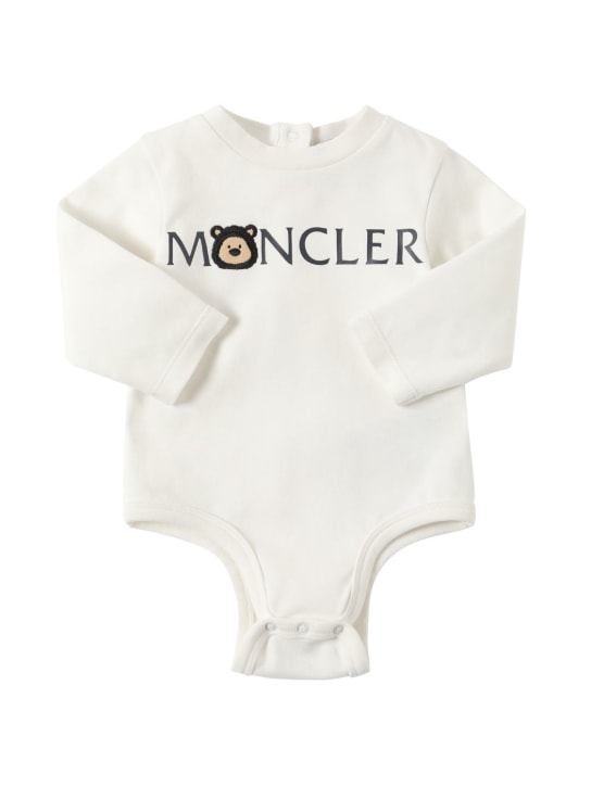 Moncler: Set de babero y pelele de algodón con logo - Silk White - kids-girls_1 | Luisa Via Roma