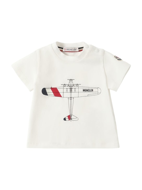 Moncler: 弹力棉质平纹针织T恤 - Natural - kids-boys_0 | Luisa Via Roma
