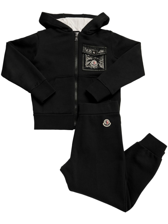 Moncler: Sweat-shirt à capuche & pantalon en coton - Noir - kids-girls_0 | Luisa Via Roma