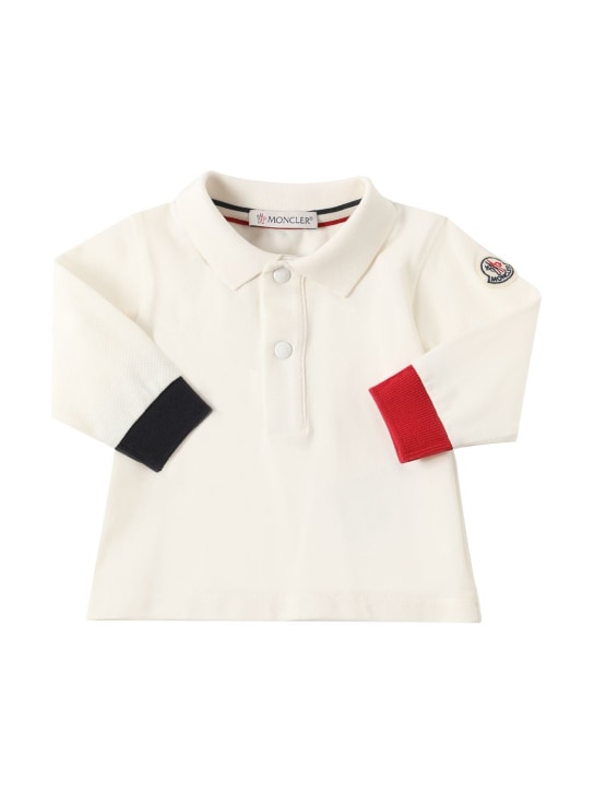 Moncler: Stretch cotton piquet l/s polo shirt - Doğal - kids-boys_0 | Luisa Via Roma