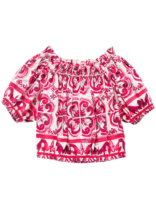 Dolce&Gabbana: Majolica 프린트 코튼 포플린 크롭 탑 - 자홍색 - kids-girls_0 | Luisa Via Roma
