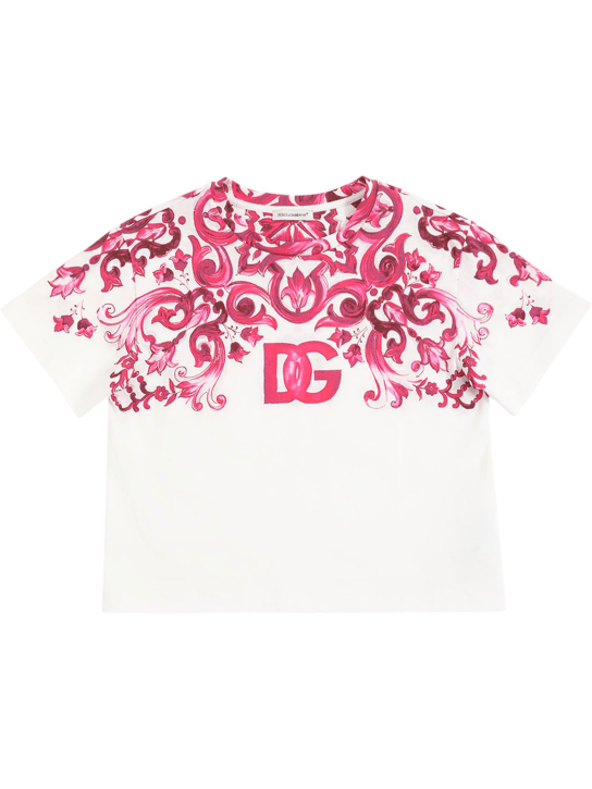 Dolce&Gabbana: 로고 프린트 코튼 저지 티셔츠 - 자홍색/화이트 - kids-girls_0 | Luisa Via Roma