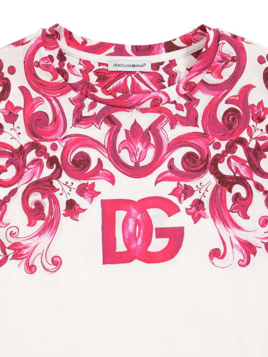 Dolce&Gabbana: T-shirt in jersey di cotone stampato con logo - Fucsia/Bianco - kids-girls_1 | Luisa Via Roma