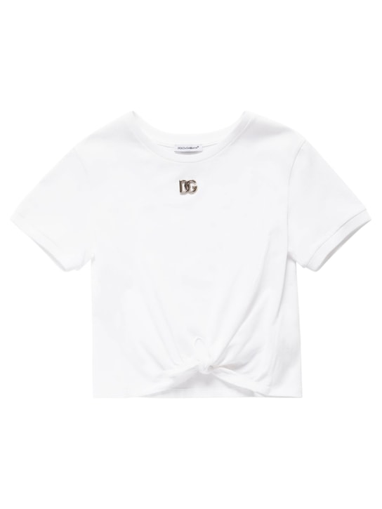 Dolce&Gabbana: T-shirt in jersey di cotone con fiocco - Bianco - kids-girls_0 | Luisa Via Roma