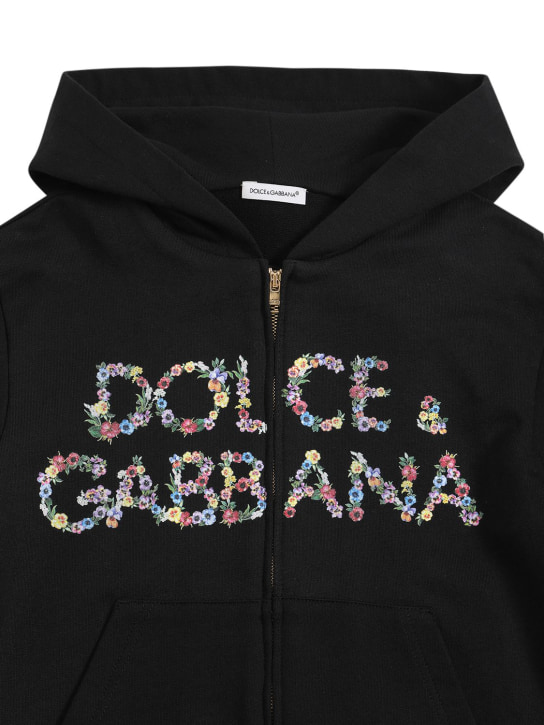 Dolce&Gabbana: Sweat zippé en coton imprimé logo à capuche - Noir - kids-girls_1 | Luisa Via Roma
