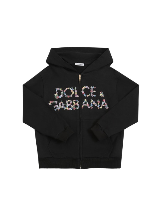 Dolce&Gabbana: Sweat zippé en coton imprimé logo à capuche - Noir - kids-girls_0 | Luisa Via Roma