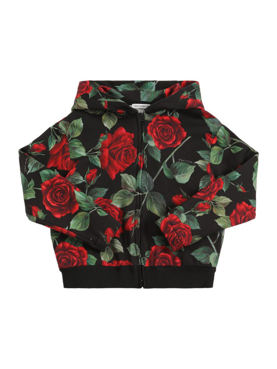 Dolce&Gabbana: Sweat zippé en coton imprimé fleurs à capuche - Noir/Rouge - kids-girls_0 | Luisa Via Roma