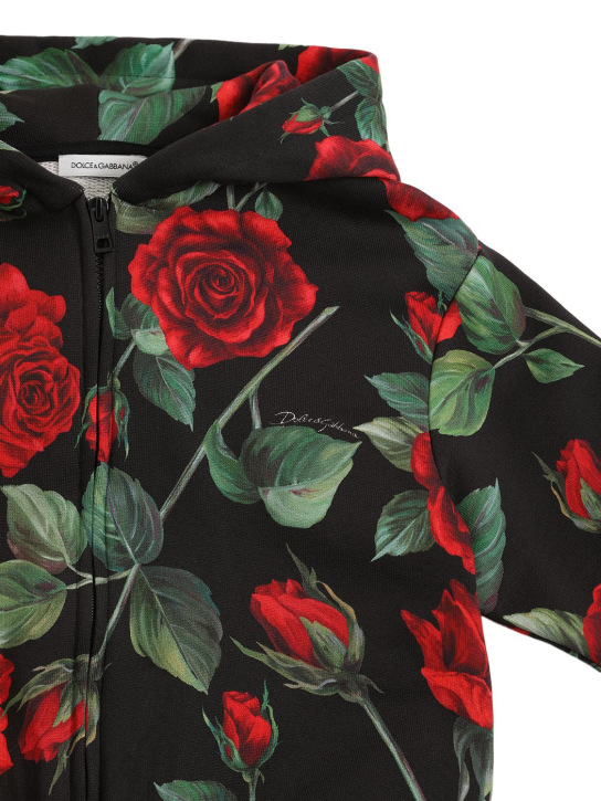 Dolce&Gabbana: Felpa in cotone stampato con zip e cappuccio - Nero/Rosso - kids-girls_1 | Luisa Via Roma