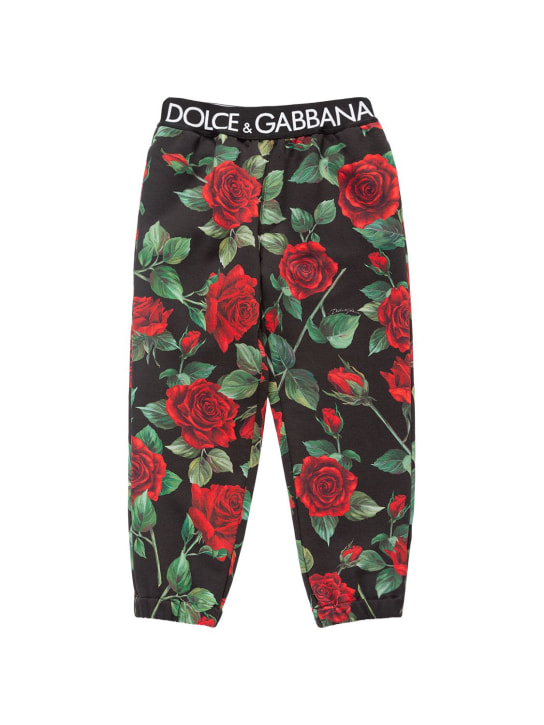 Dolce&Gabbana: 로고 로즈 프린트 코튼 스웻팬츠 - 블랙/레드 - kids-girls_0 | Luisa Via Roma